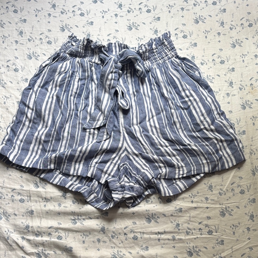 Hollister Striped High Waist Shorts - Blue and White